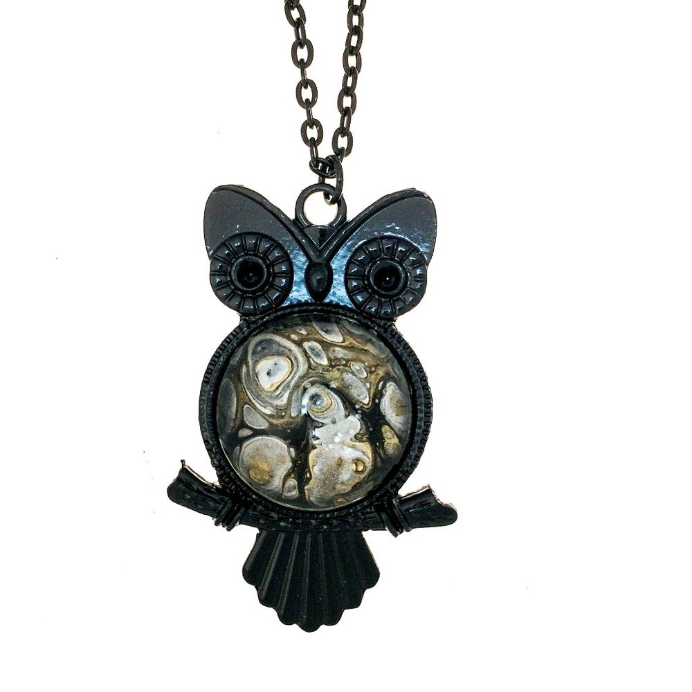 Handmade Abstract Fluid Art Pendant Necklace in a Black Owl Frame